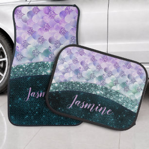 Mermaid skin teal silver faux glitter monogram car floor mat