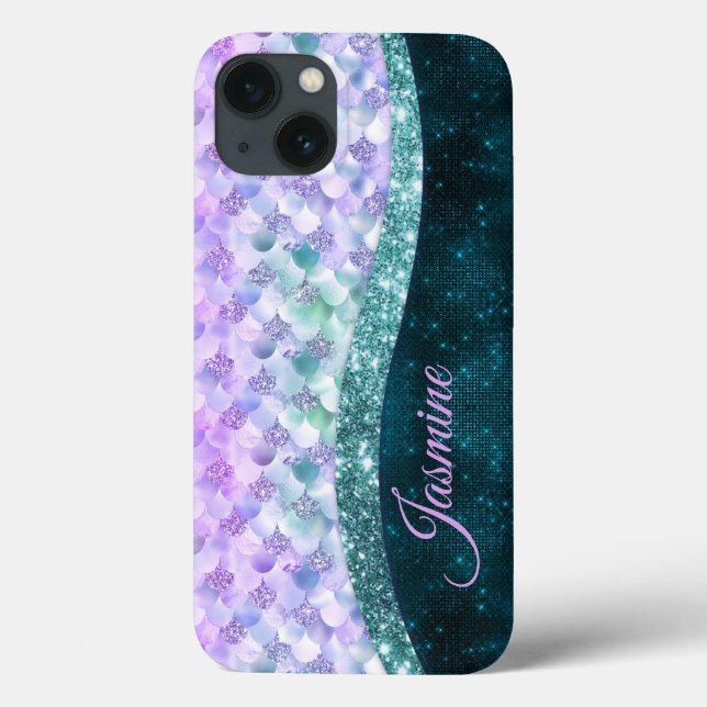 Mermaid skin teal silver faux glitter monogram Case-Mate iPhone case (Back)