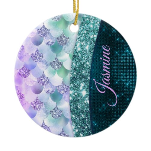 Mermaid skin teal silver faux glitter monogram ceramic ornament