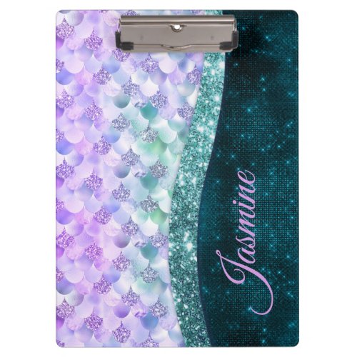 Mermaid skin teal silver faux glitter monogram clipboard