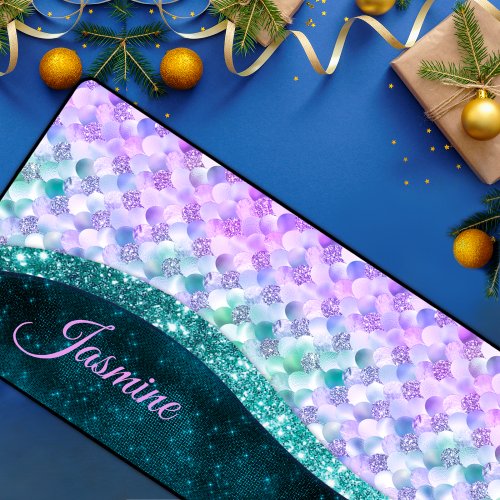 Mermaid skin teal silver faux glitter monogram desk mat