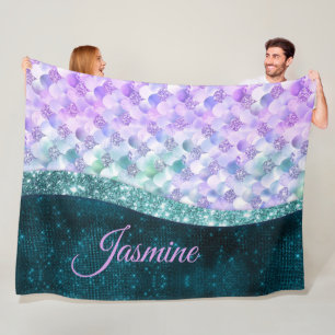 Mermaid skin teal silver faux glitter monogram fleece blanket