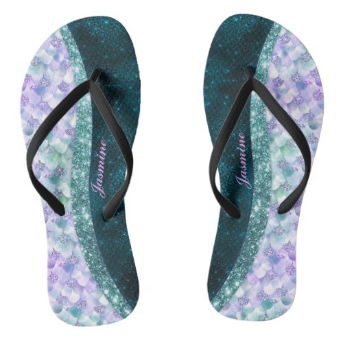 Mermaid skin teal silver faux glitter monogram flip flops