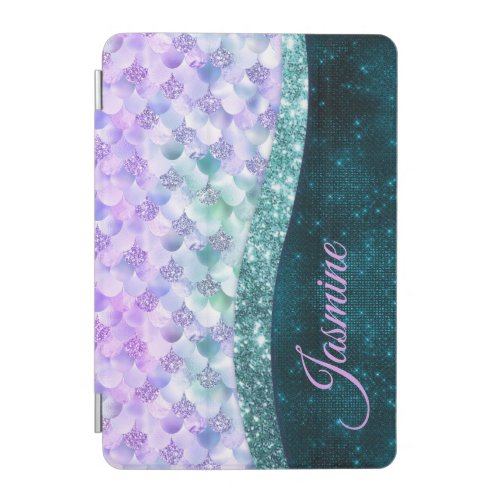 Mermaid skin teal silver faux glitter monogram iPa iPad Mini Cover