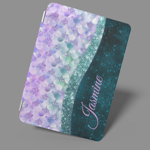 Mermaid skin teal silver faux glitter monogram iPa iPad Mini Cover