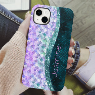 Mermaid skin teal silver faux glitter monogram iPhone 15 case