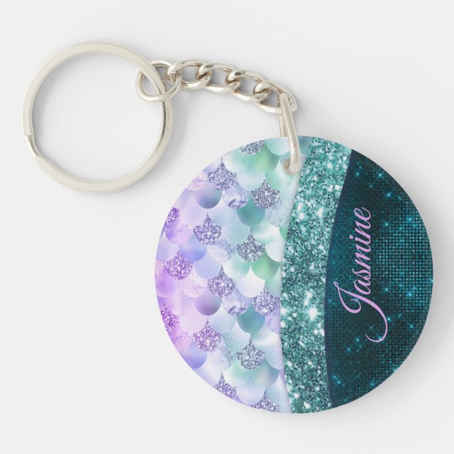 Mermaid skin teal silver faux glitter monogram keychain (Front)