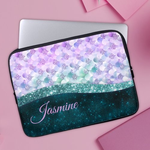 Mermaid skin teal silver faux glitter monogram laptop sleeve