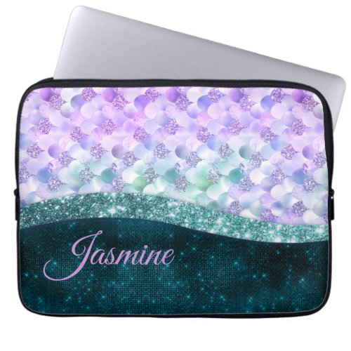 Mermaid skin teal silver faux glitter monogram laptop sleeve