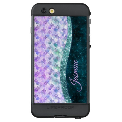 Mermaid skin teal silver faux glitter monogram LifeProof ND iPhone 6s plus case