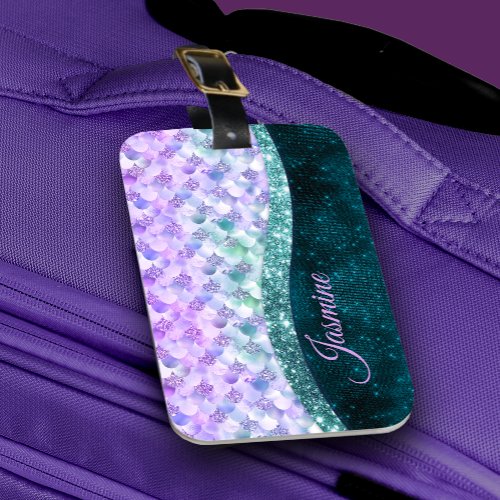 Mermaid skin teal silver faux glitter monogram luggage tag