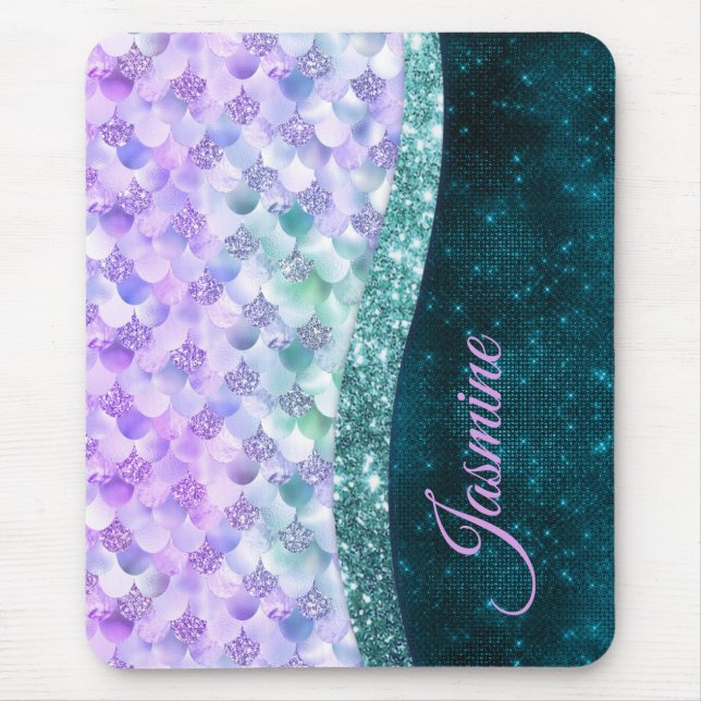 Mermaid skin teal silver faux glitter monogram mouse pad (Front)