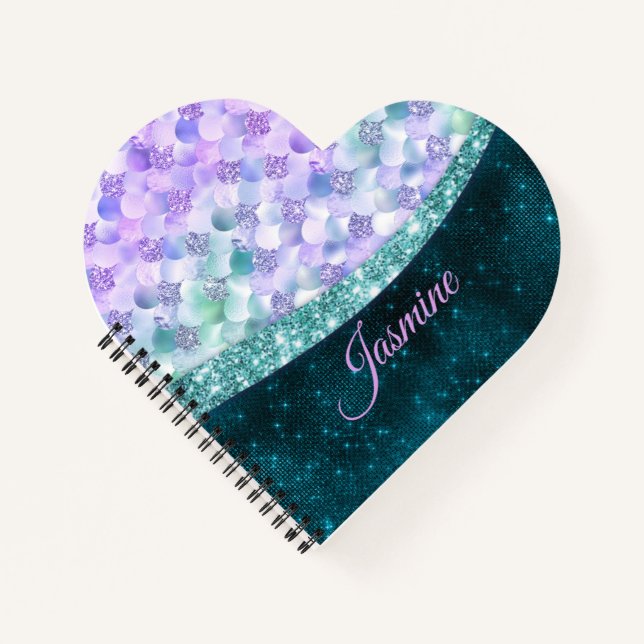 Mermaid skin teal silver faux glitter monogram not notebook (Front)