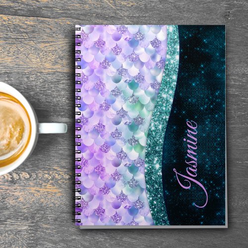 Mermaid skin teal silver faux glitter monogram notebook