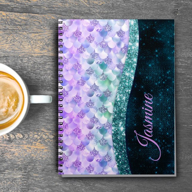 Mermaid skin teal silver faux glitter monogram notebook (Creator Uploaded)