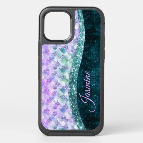 Mermaid skin teal silver faux glitter monogram OtterBox symmetry iPhone 12 pro case
