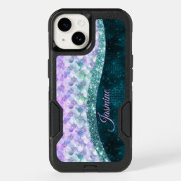 Mermaid skin teal silver faux glitter monogram OtterBox iPhone 14 case