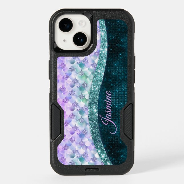 Mermaid skin teal silver faux glitter monogram otterbox iPhone case (Back)