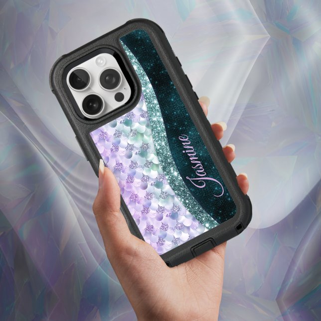 Mermaid skin teal silver faux glitter monogram otterbox iPhone case (Creator Uploaded)