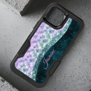 Mermaid skin teal silver faux glitter monogram OtterBox iPhone 14 case