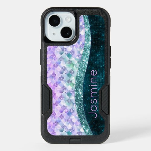 Mermaid skin teal silver faux glitter monogram iPhone 15 case