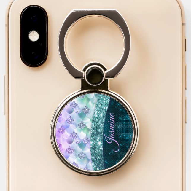 Mermaid skin teal silver faux glitter monogram phone ring stand (Close Up)