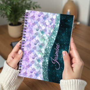 Mermaid skin teal silver faux glitter monogram pla planner