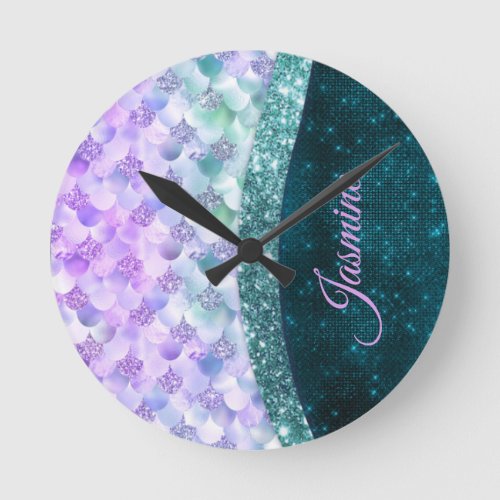 Mermaid skin teal silver faux glitter monogram round clock