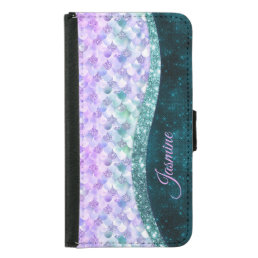 Mermaid skin teal silver faux glitter monogram samsung galaxy s5 wallet case