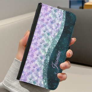Mermaid skin teal silver faux glitter monogram samsung galaxy s5 wallet case