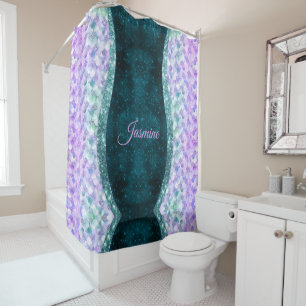 Mermaid skin teal silver faux glitter monogram shower curtain