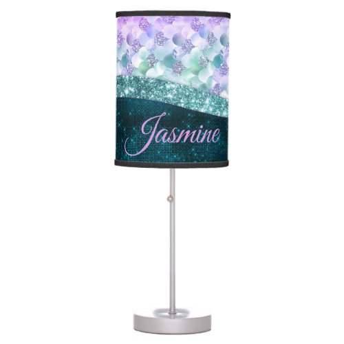 Mermaid skin teal silver faux glitter monogram table lamp