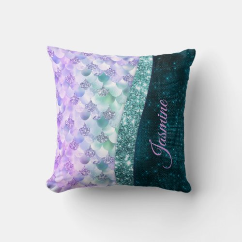 Mermaid skin teal silver faux glitter monogram throw pillow