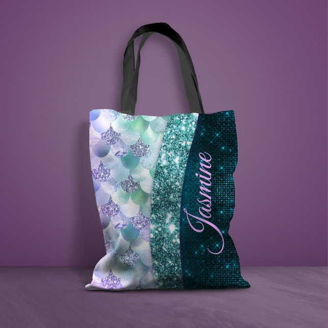 Mermaid skin teal silver faux glitter monogram tote bag (Creator Uploaded)