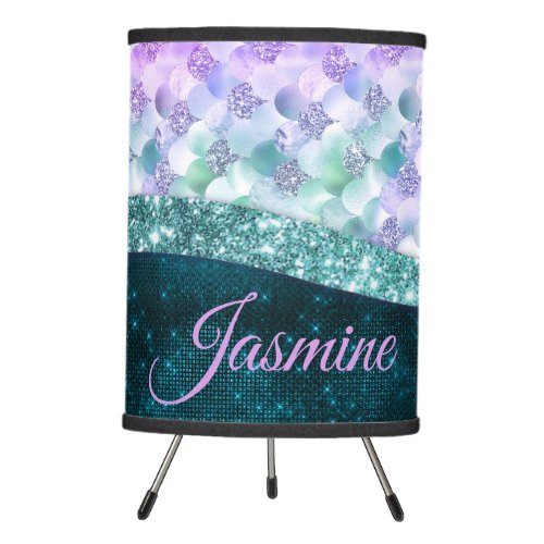 Mermaid skin teal silver faux glitter monogram tripod lamp