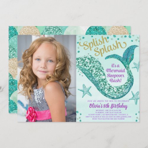 Mermaid sleepover birthday party photo invitation