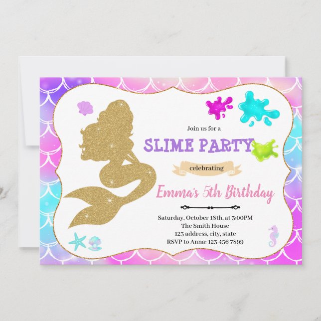 Mermaid slime party birthday invitation (Front)