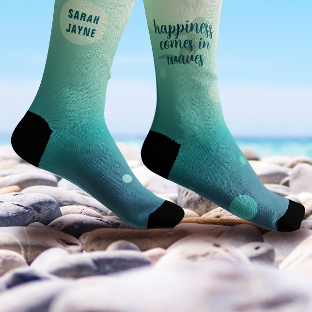 Mermaid Socks Happiness Quote Turquoise Ocean (Happiness does come in waves & if you love mermaids and socks, these are just for you. Add your name)