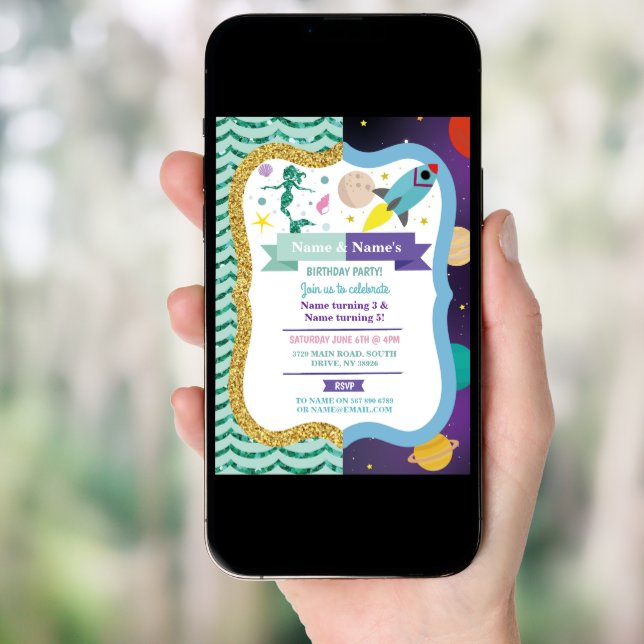 Mermaid & Space Joint Boy Girl Birthday Invites (Front Digital)