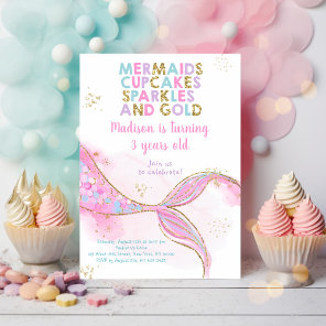Mermaid Sparkles Gold Birthday Invitation