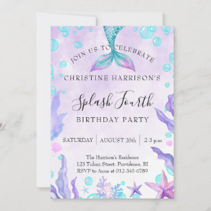 Mermaid "Splash" Fourth Girl Birthday Party Invitation