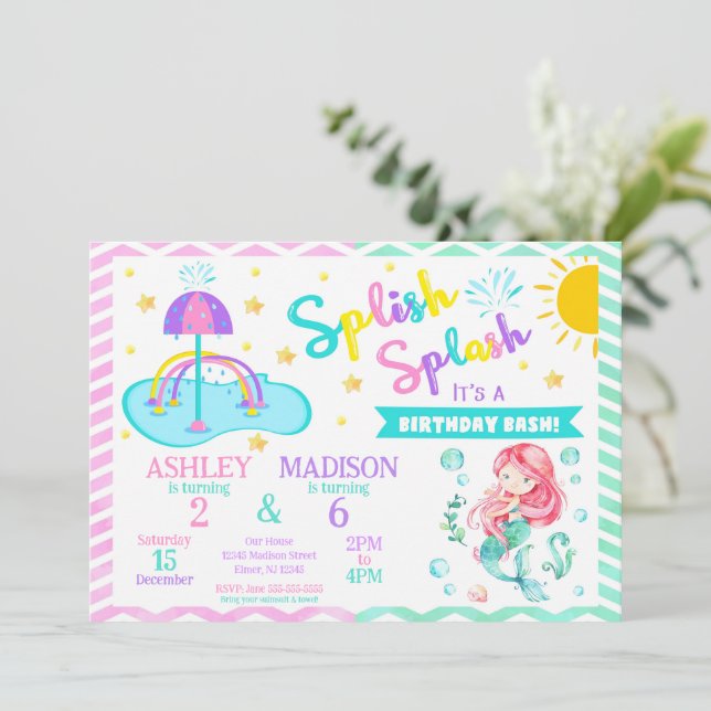 Mermaid & Splash Pad Joint Birthday | Water Park Invitation (Standing Front)