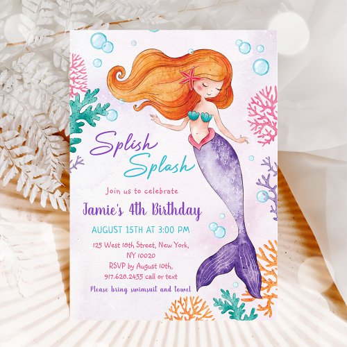 Mermaid Splish Splash 4th Birthday Party Invitation