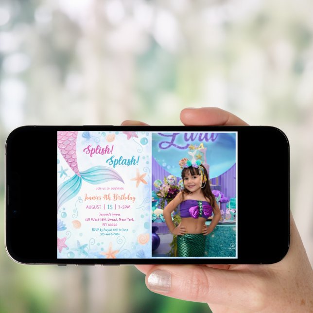 Mermaid Splish Splash 4th Birthday Party Photo Invitation (Front Digital)