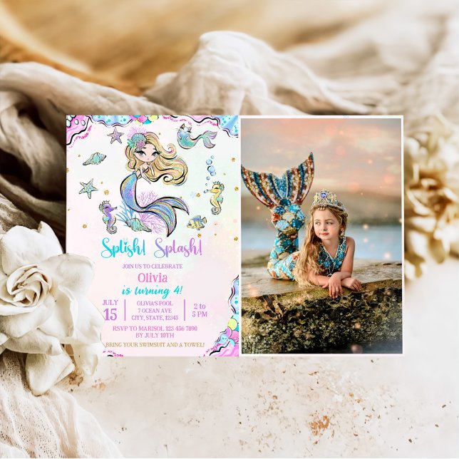 Mermaid Splish Splash 4th Birthday Party Photo Invitation (Creator Uploaded)
