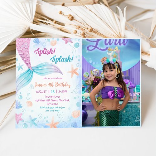 Mermaid Splish Splash 4th Birthday Party Photo Invitation