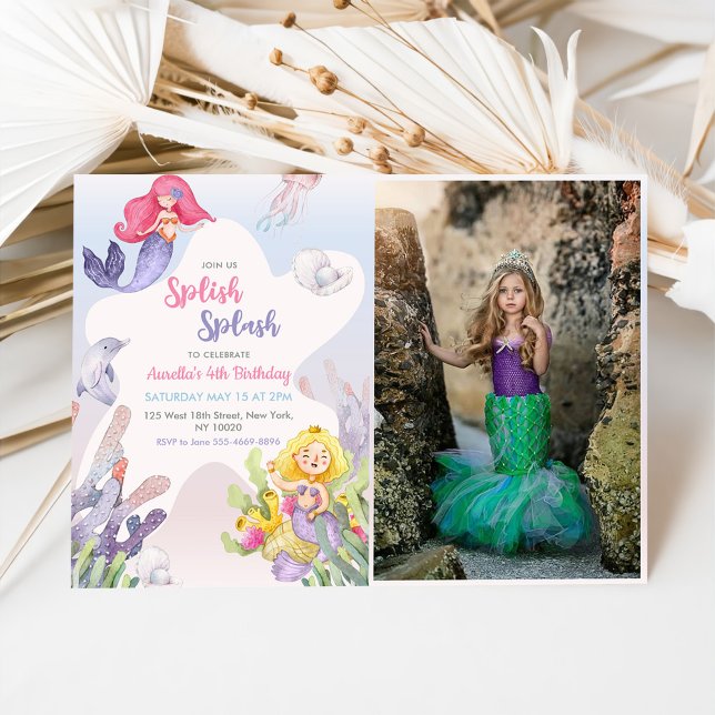 Mermaid Splish Splash 4th Birthday Party Photo Invitation (Creator Uploaded)