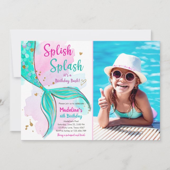 Mermaid Splish Splash Birthday Bash Girl Gold Invi Invitation (Front)