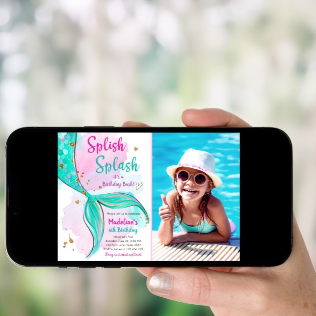 Mermaid Splish Splash Birthday Bash Girl Gold Invi Invitation (Front Digital)