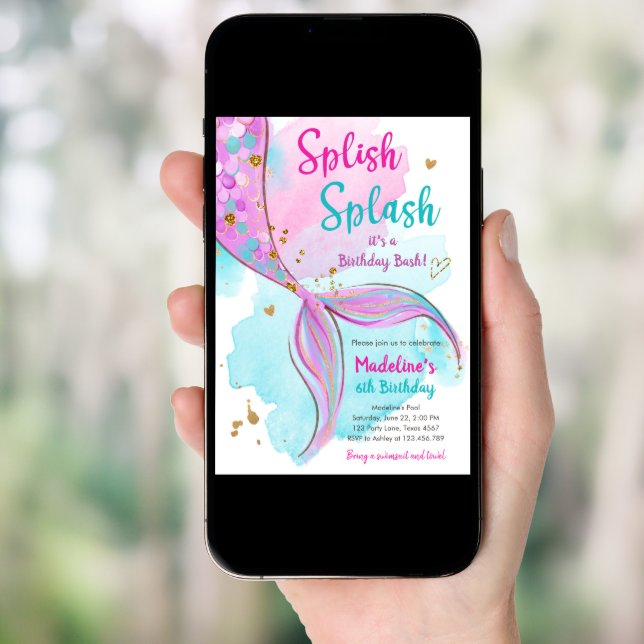 Mermaid Splish Splash Birthday Bash Girl Gold Invi Invitation (Front Digital)